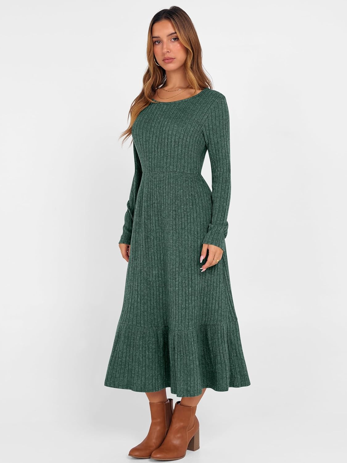 image:imageANRABESS Womens Fall Long Sleeve Midi DressGreen