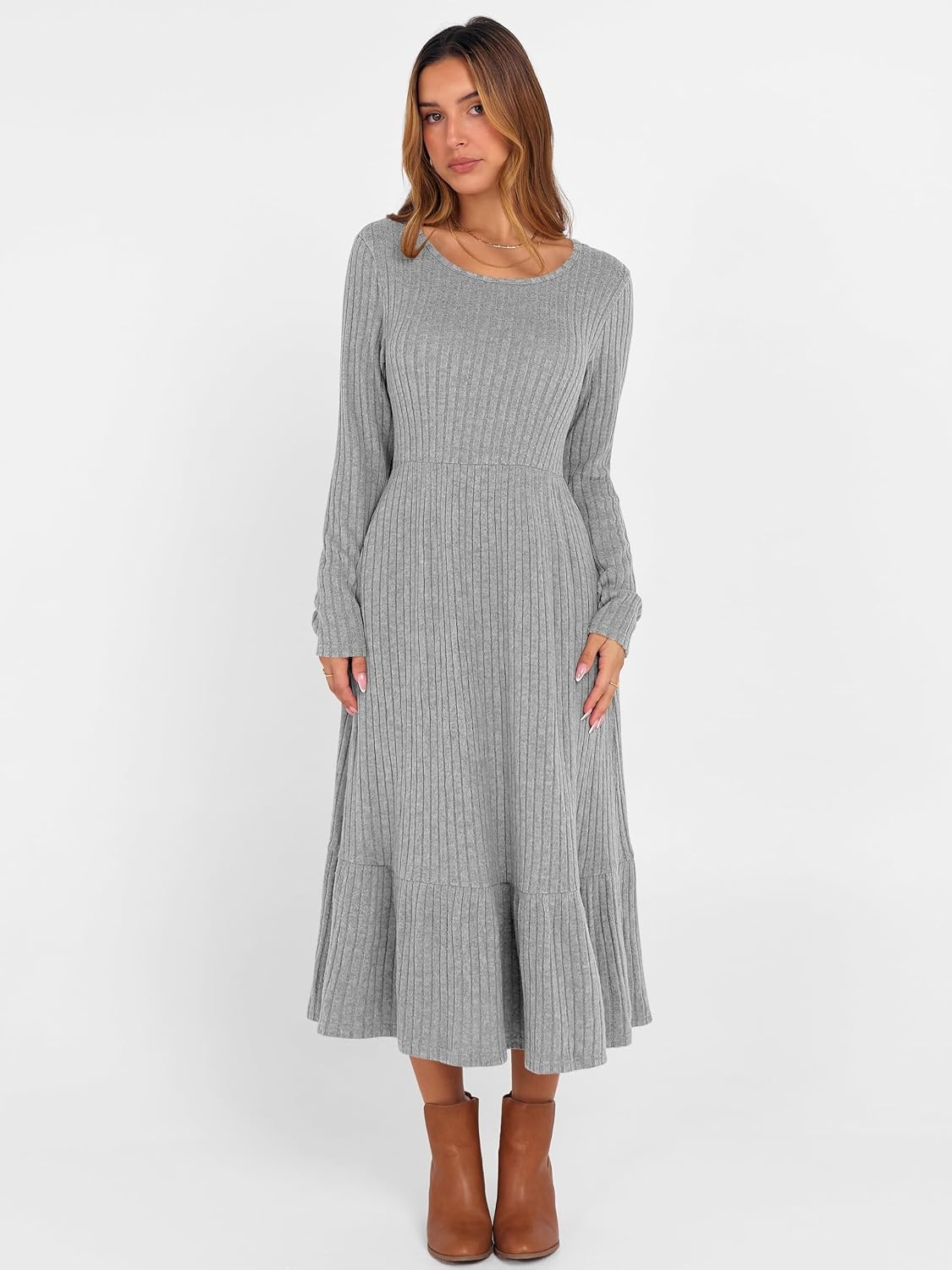 image:imageANRABESS Womens Fall Long Sleeve Midi DressGrey