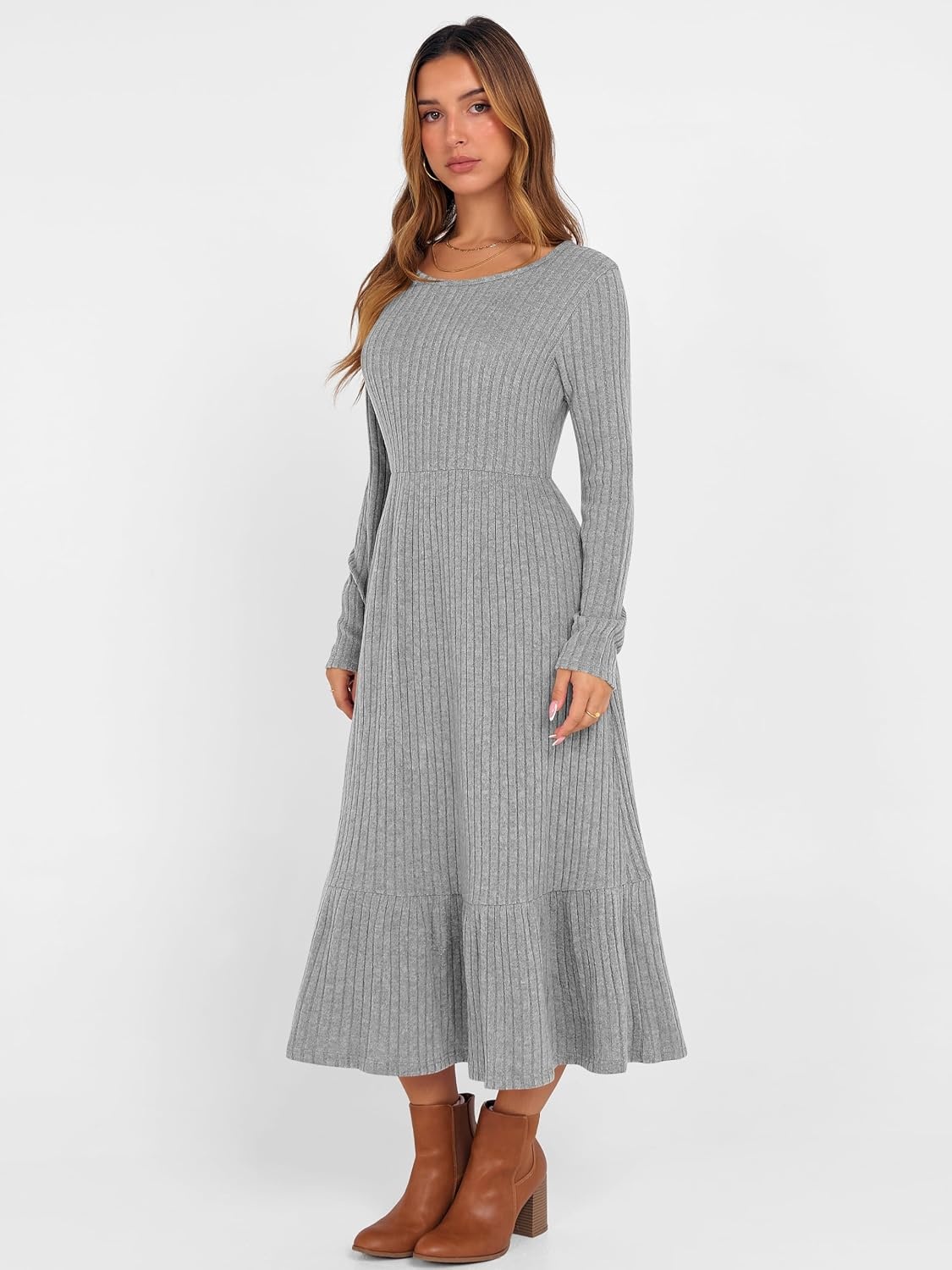 image:imageANRABESS Womens Fall Long Sleeve Midi DressGrey