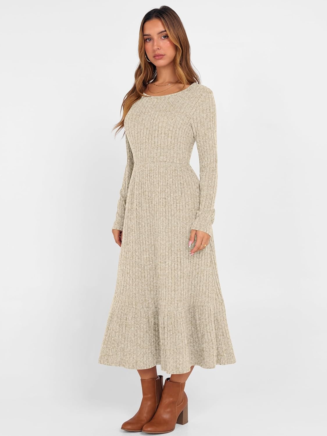 image:imageANRABESS Womens Fall Long Sleeve Midi DressLight Khaki