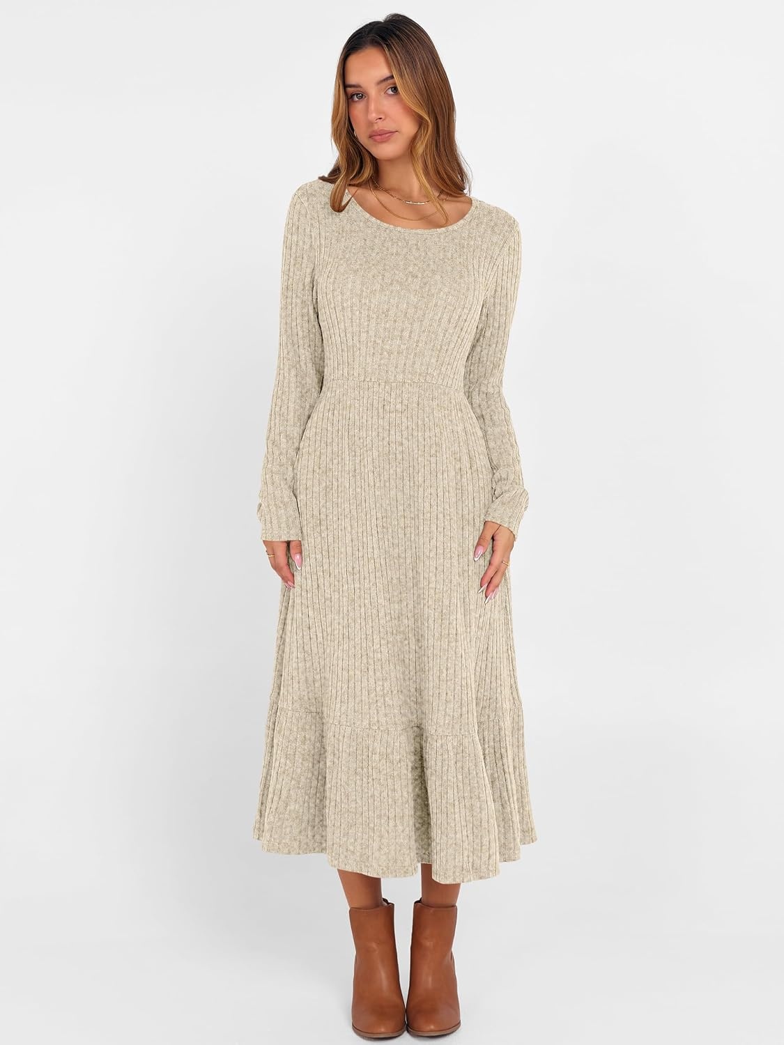 image:imageANRABESS Womens Fall Long Sleeve Midi DressLight Khaki