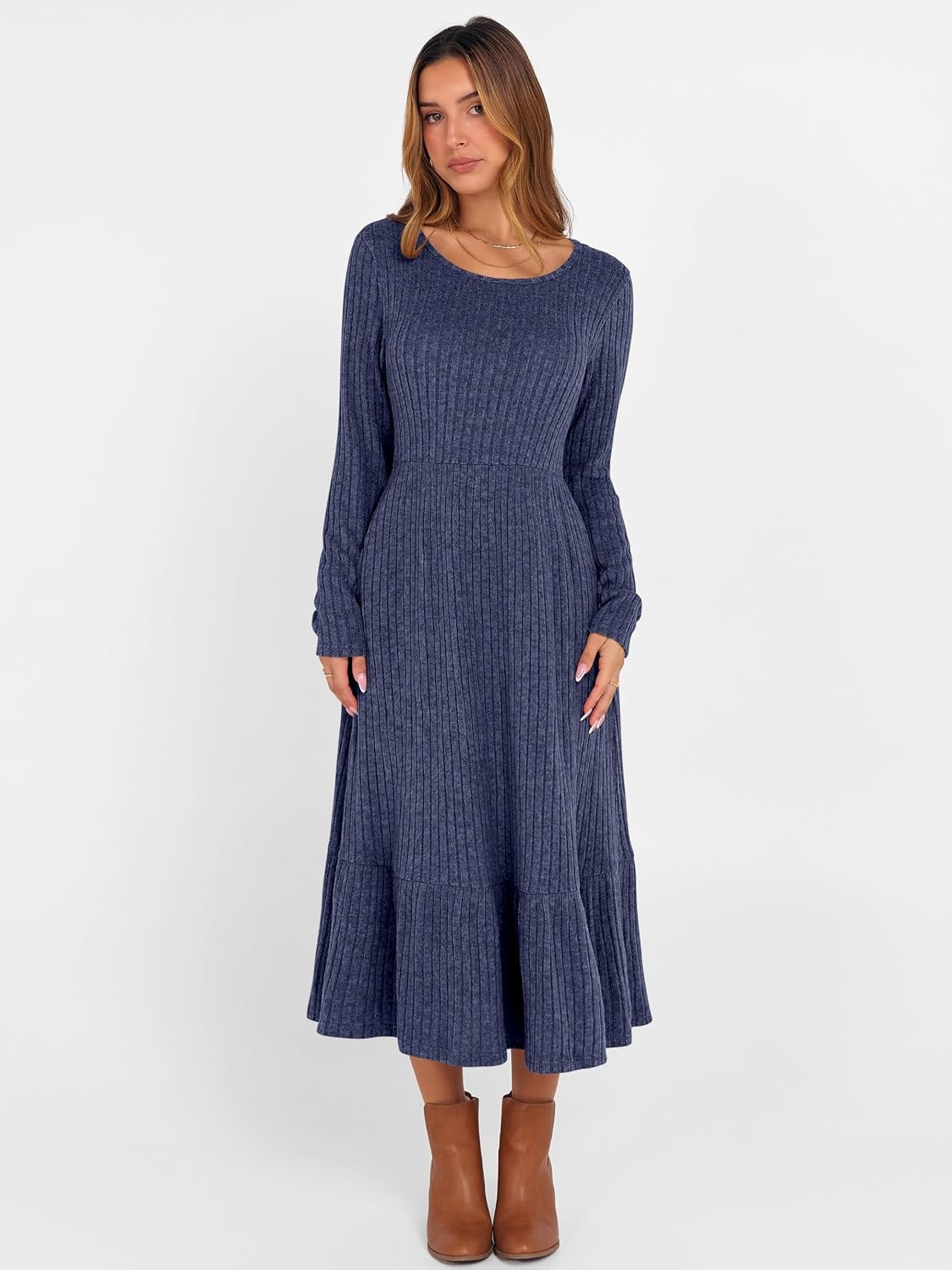 image:imageANRABESS Womens Fall Long Sleeve Midi DressNavy Blue