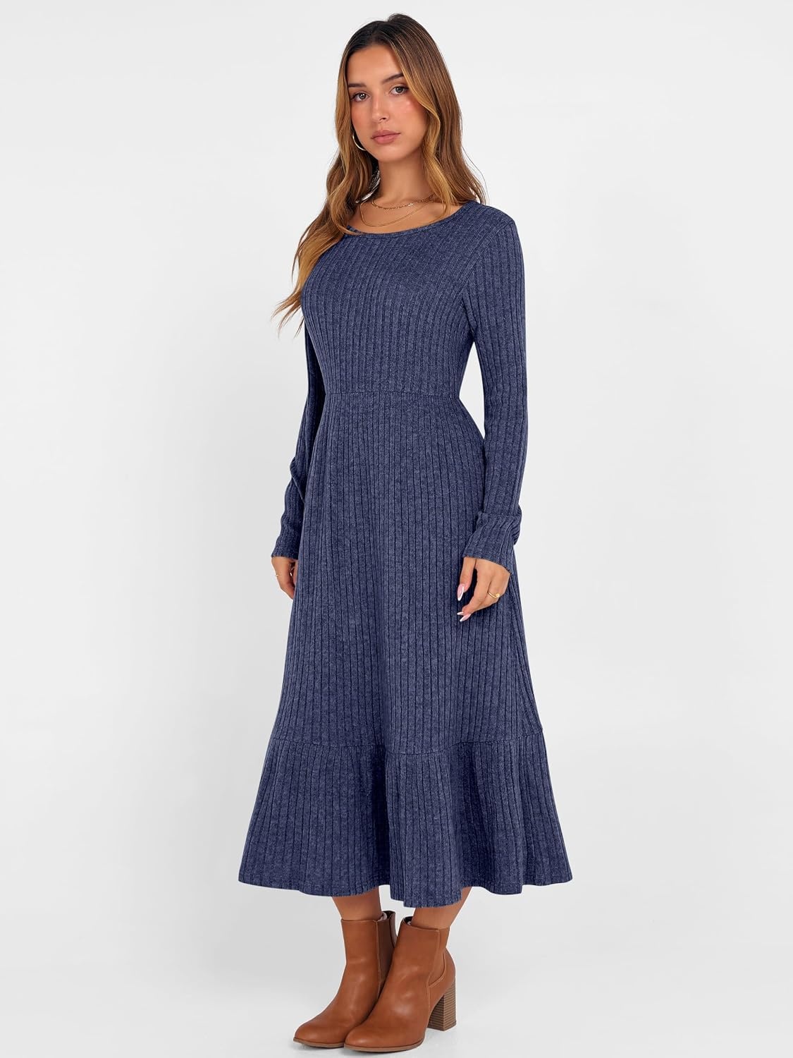 image:imageANRABESS Womens Fall Long Sleeve Midi DressNavy Blue