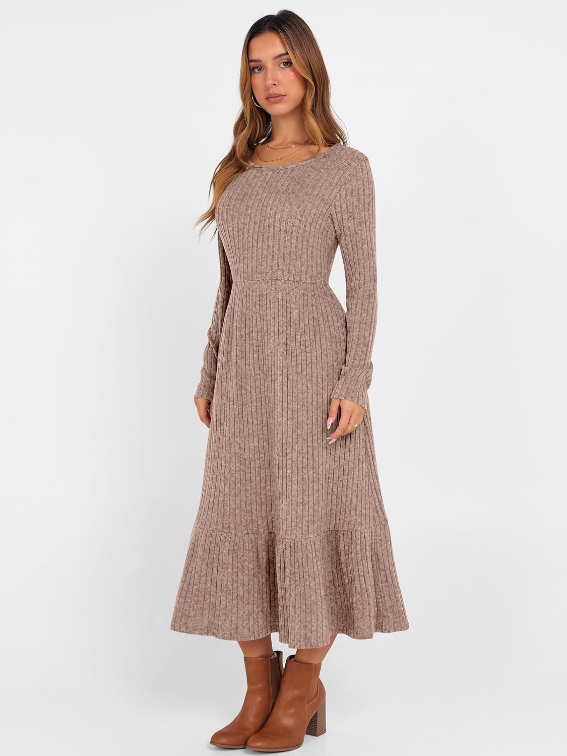 image:imageANRABESS Womens Fall Long Sleeve Midi DressTan