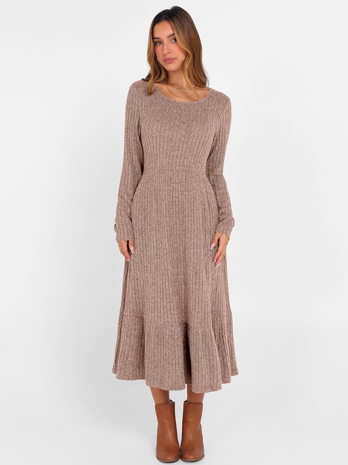 image:imageANRABESS Womens Fall Long Sleeve Midi DressTan