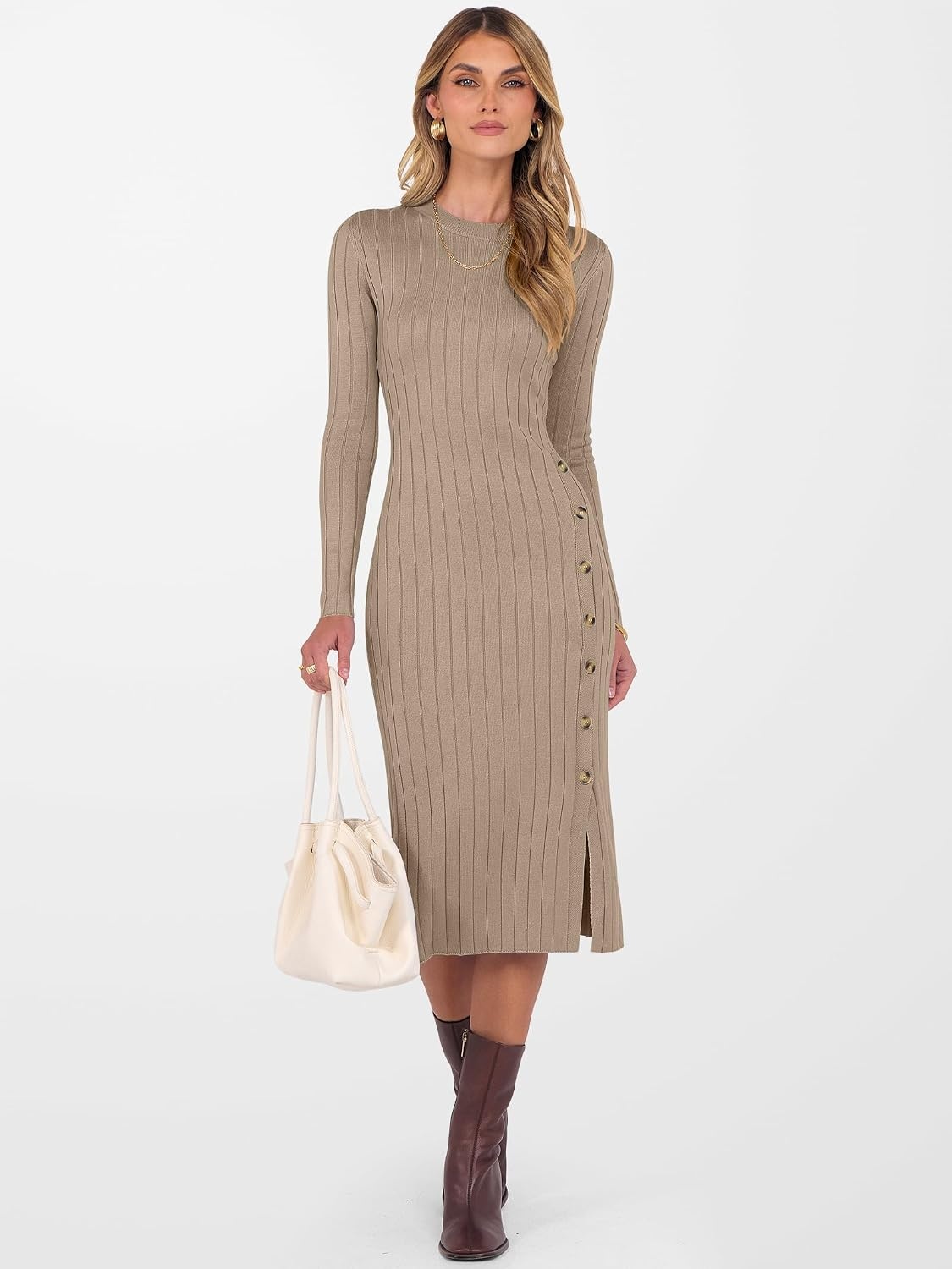 image:imageANRABESS Womens Fall Long Sleeve Ribbed Knit Bodycon Midi Sweater DressTan