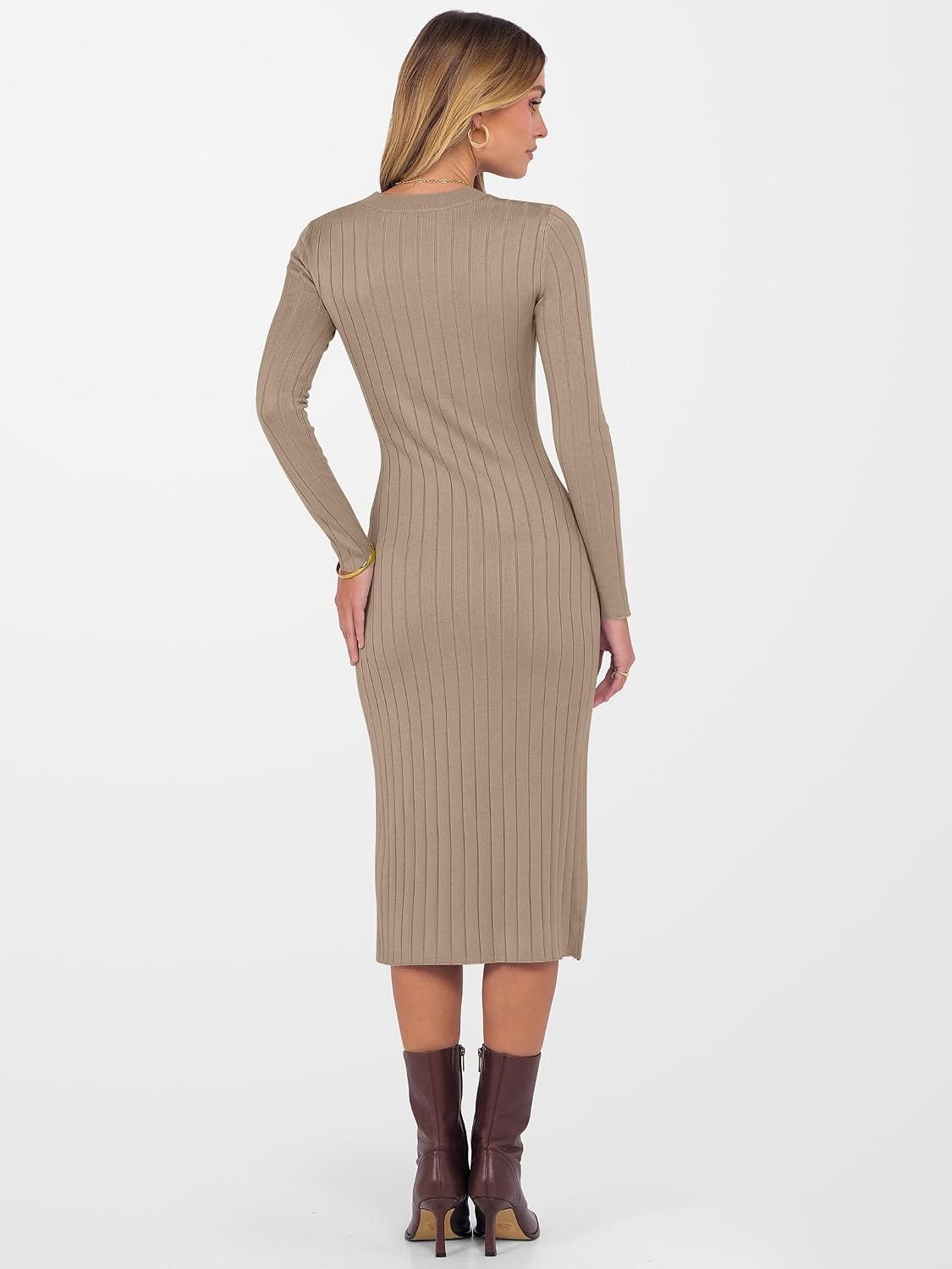 image:imageANRABESS Womens Fall Long Sleeve Ribbed Knit Bodycon Midi Sweater DressTan