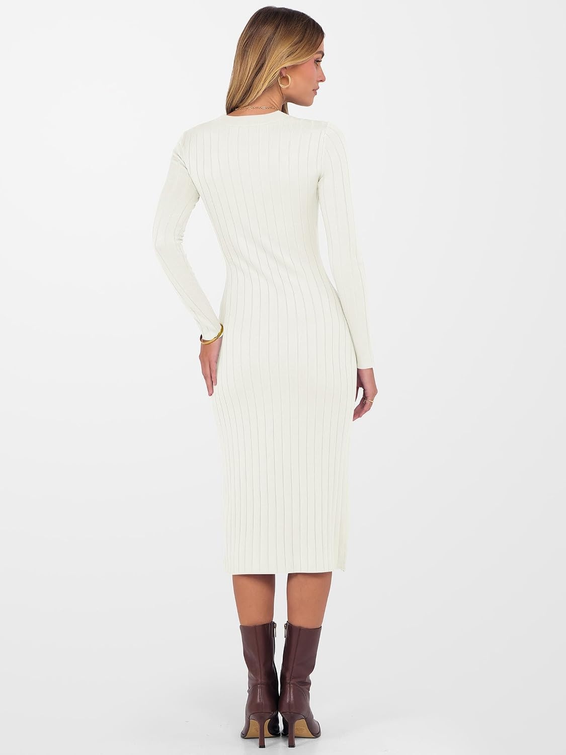image:imageANRABESS Womens Fall Long Sleeve Ribbed Knit Bodycon Midi Sweater DressWhite