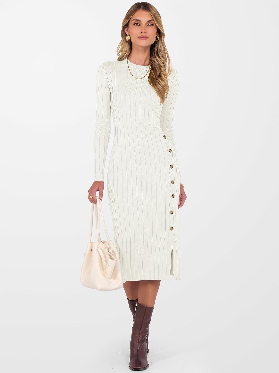 image:imageANRABESS Womens Fall Long Sleeve Ribbed Knit Bodycon Midi Sweater DressWhite
