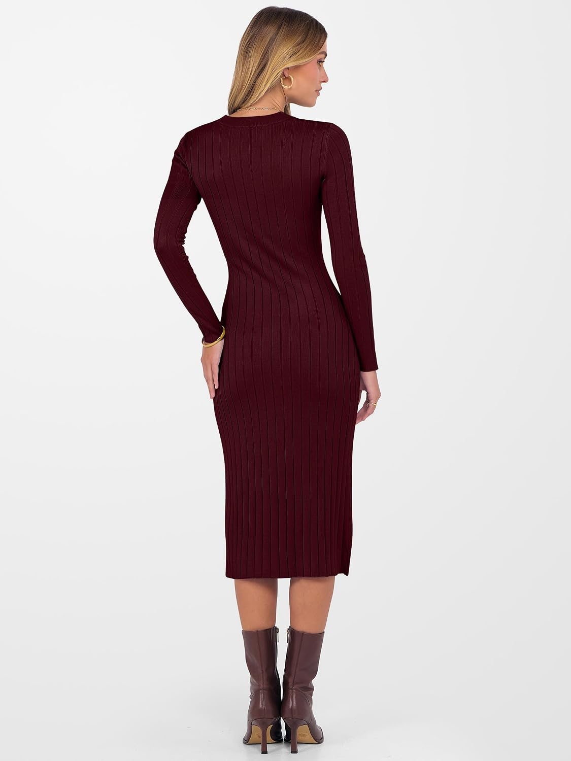 image:imageANRABESS Womens Fall Long Sleeve Ribbed Knit Bodycon Midi Sweater DressWine Red