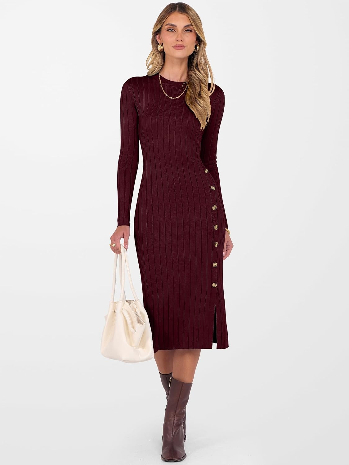 image:imageANRABESS Womens Fall Long Sleeve Ribbed Knit Bodycon Midi Sweater DressWine Red