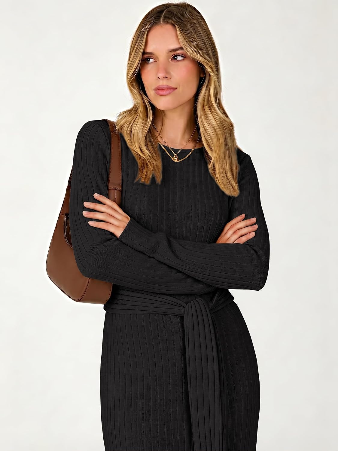 image:imageANRABESS Womens Long Sleeve Midi Sweater Dress Bodycon Fall DressesBlack