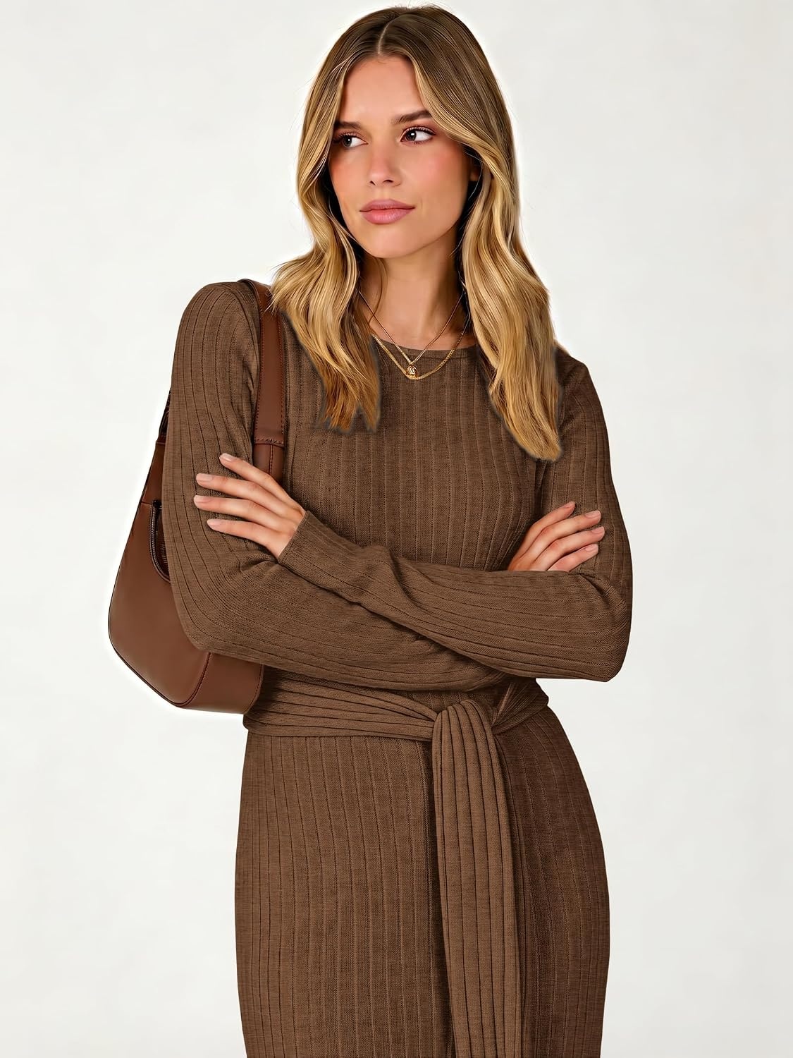 image:imageANRABESS Womens Long Sleeve Midi Sweater Dress Bodycon Fall DressesBrown