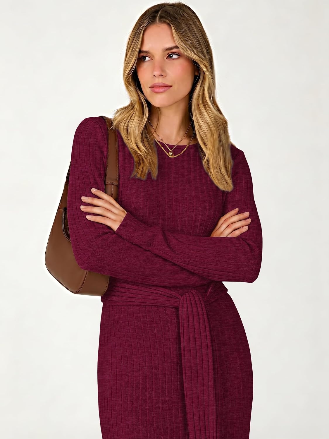 image:imageANRABESS Womens Long Sleeve Midi Sweater Dress Bodycon Fall DressesBurgundy