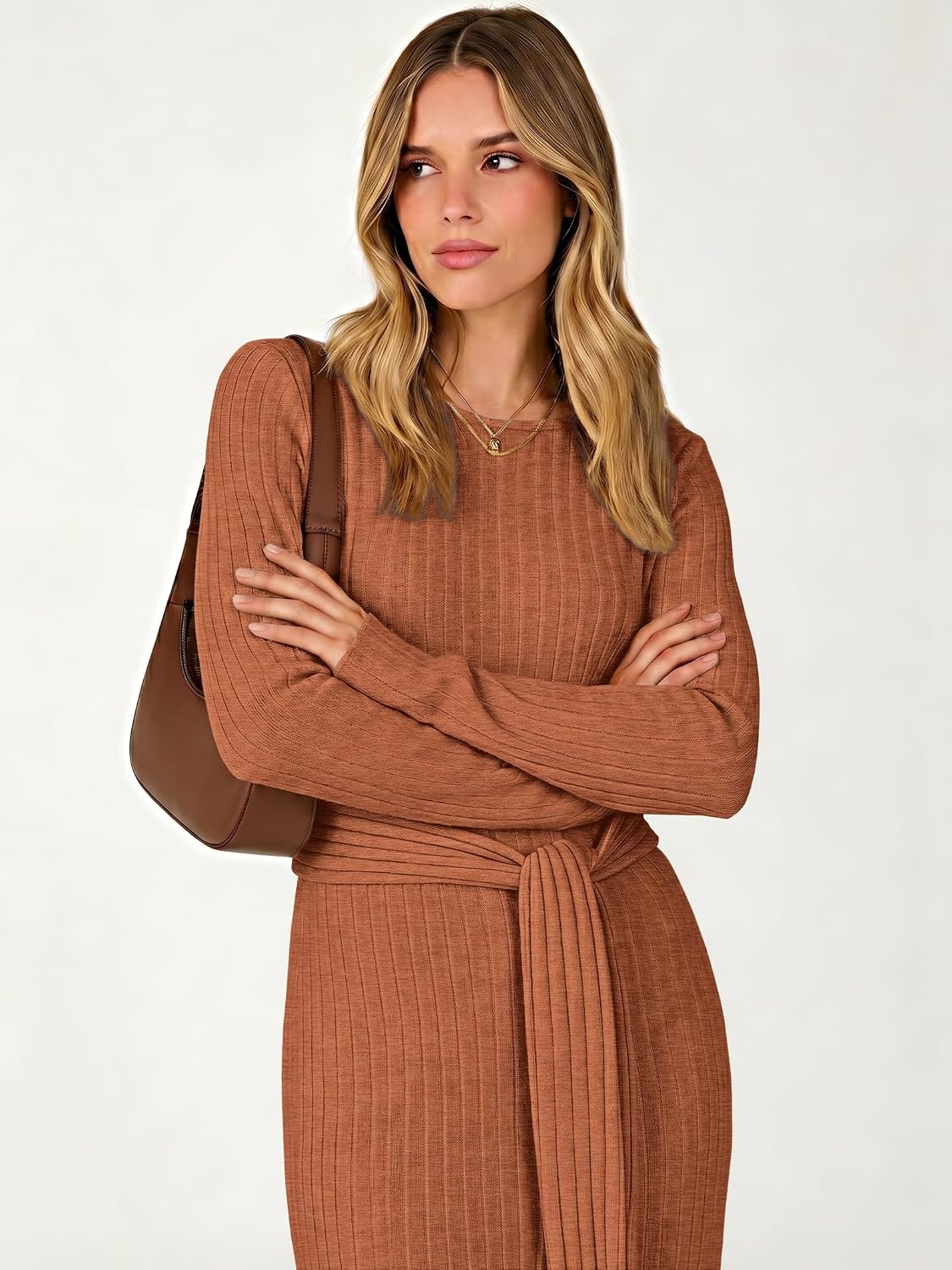image:imageANRABESS Womens Long Sleeve Midi Sweater Dress Bodycon Fall DressesBurnt Orange