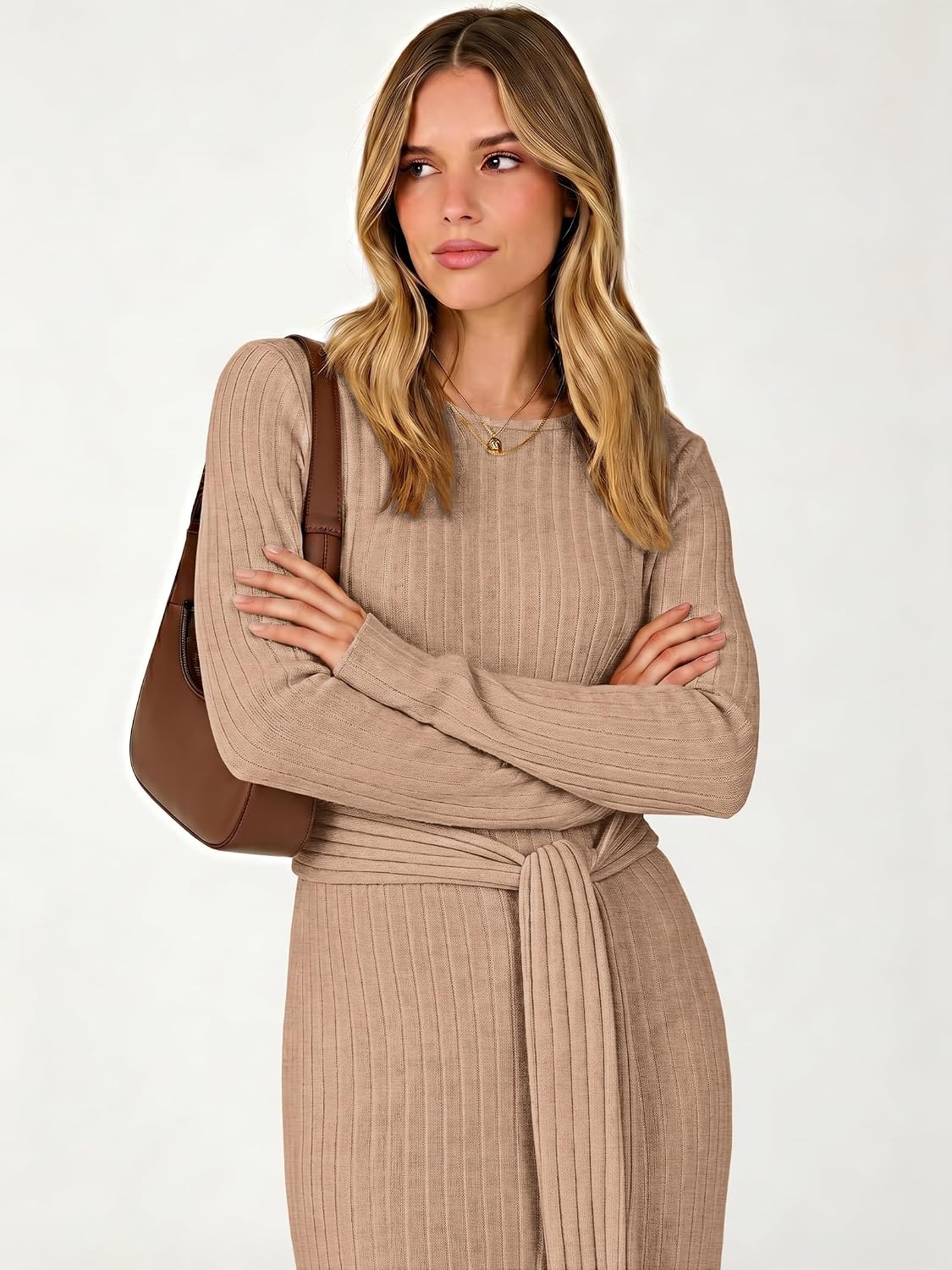image:imageANRABESS Womens Long Sleeve Midi Sweater Dress Bodycon Fall DressesTan