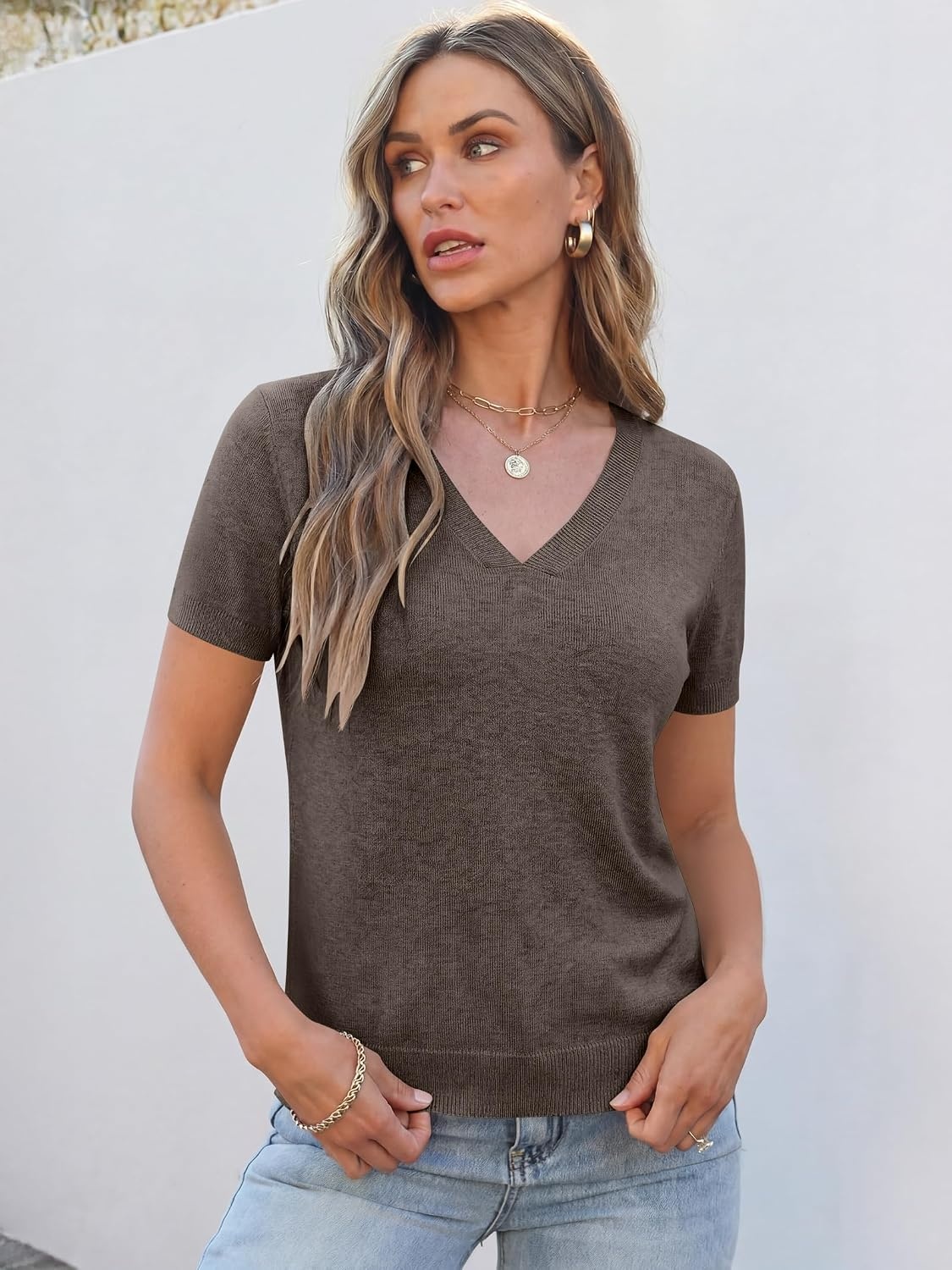 image:imageANRABESS Womens Short Sleeve Sweater Top Wool Blend Business Casual OutfitsDrak Taupe