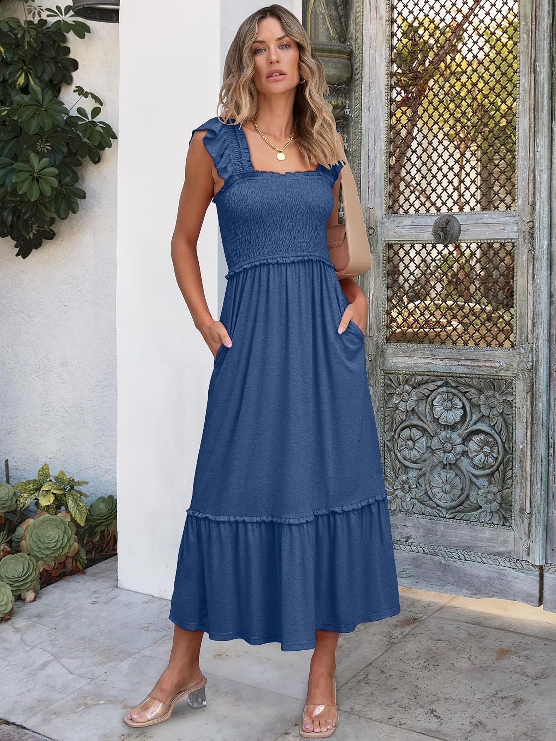 image:imageANRABESS Womens Summer Sleeveless Maxi Dress Square Neck Smocked Boho Casual Ruffle Strap Flowy ALine Long Beach SundressBlue
