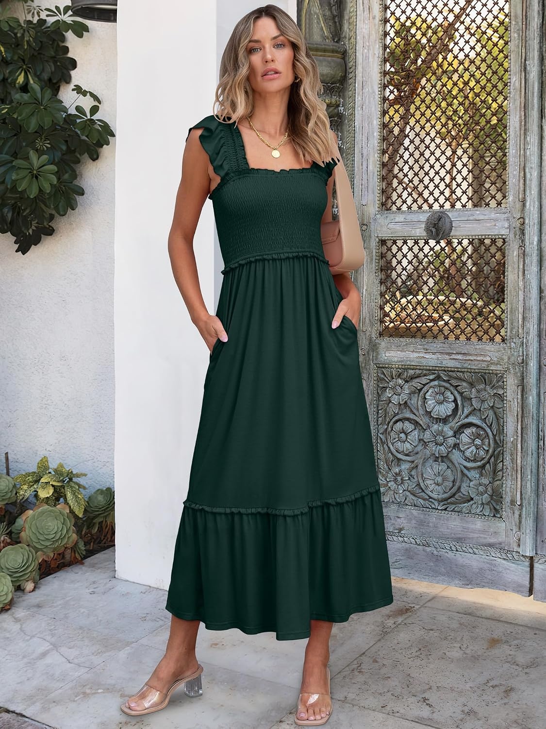 image:imageANRABESS Womens Summer Sleeveless Maxi Dress Square Neck Smocked Boho Casual Ruffle Strap Flowy ALine Long Beach SundressDeep Green