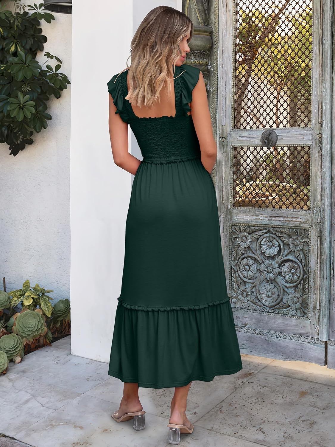 image:imageANRABESS Womens Summer Sleeveless Maxi Dress Square Neck Smocked Boho Casual Ruffle Strap Flowy ALine Long Beach SundressDeep Green