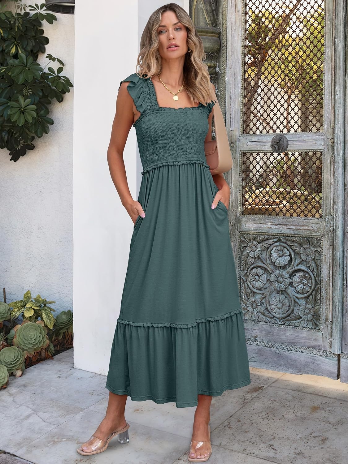 image:imageANRABESS Womens Summer Sleeveless Maxi Dress Square Neck Smocked Boho Casual Ruffle Strap Flowy ALine Long Beach SundressGreen