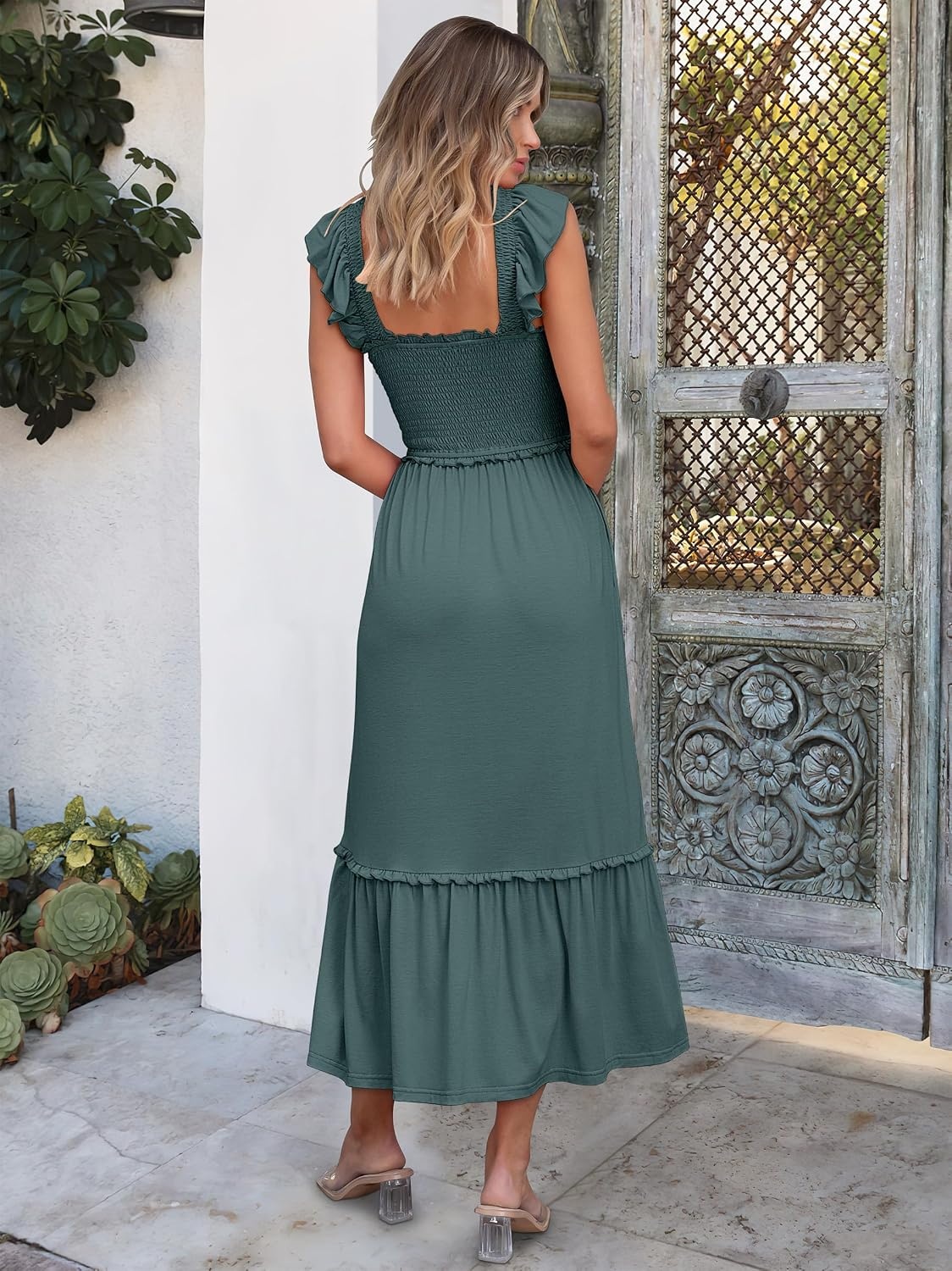 image:imageANRABESS Womens Summer Sleeveless Maxi Dress Square Neck Smocked Boho Casual Ruffle Strap Flowy ALine Long Beach SundressGreen