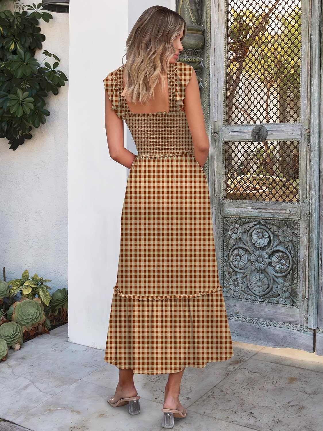 image:imageANRABESS Womens Summer Sleeveless Maxi Dress Square Neck Smocked Boho Casual Ruffle Strap Flowy ALine Long Beach SundressKhaki Plaid