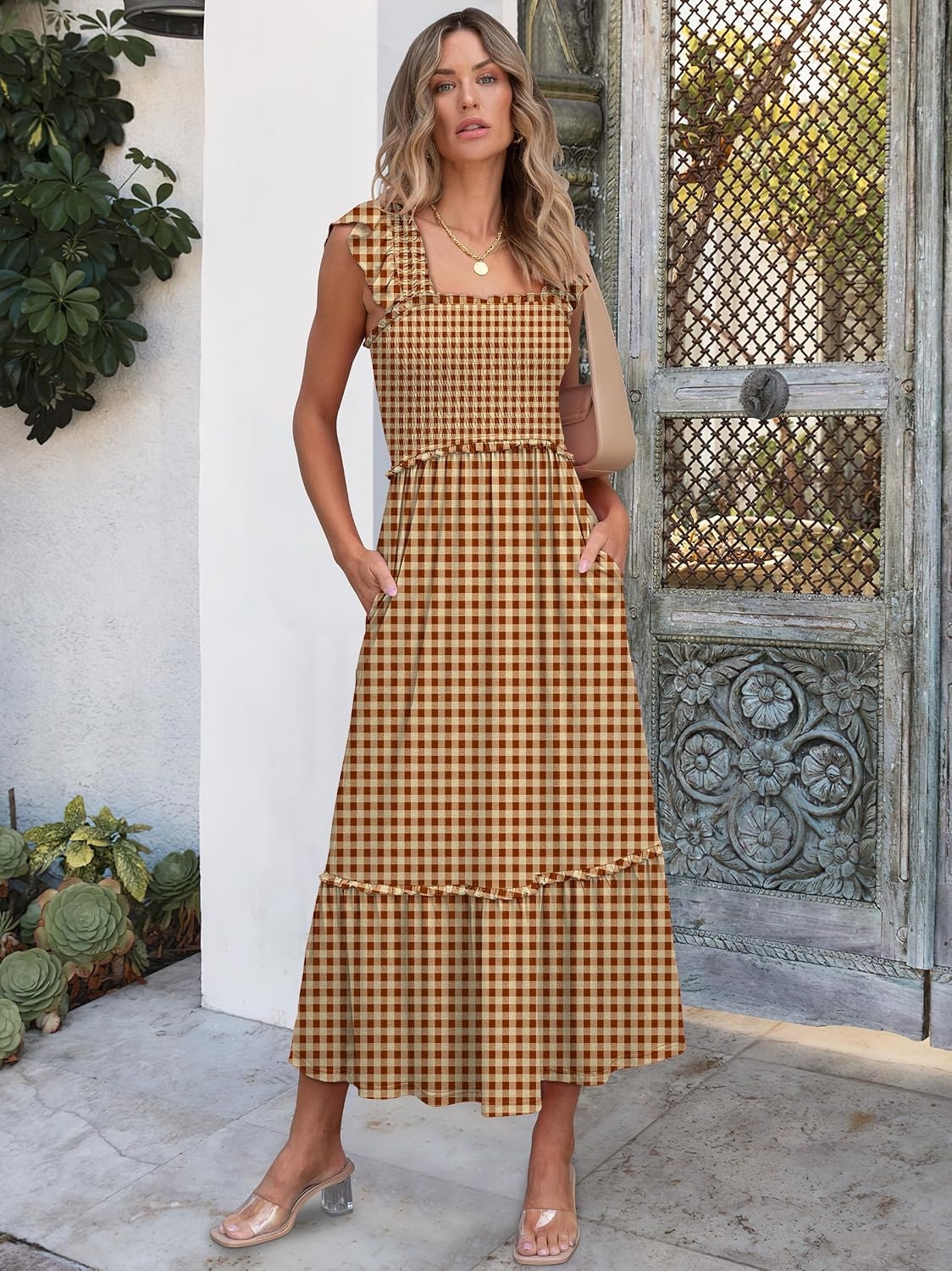 image:imageANRABESS Womens Summer Sleeveless Maxi Dress Square Neck Smocked Boho Casual Ruffle Strap Flowy ALine Long Beach SundressKhaki Plaid