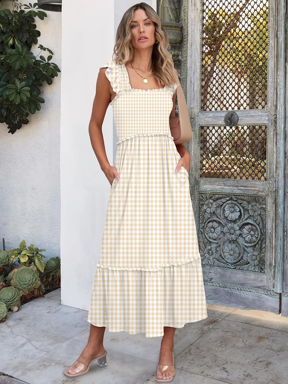 image:imageANRABESS Womens Summer Sleeveless Maxi Dress Square Neck Smocked Boho Casual Ruffle Strap Flowy ALine Long Beach SundressKhaki Plaid Beige