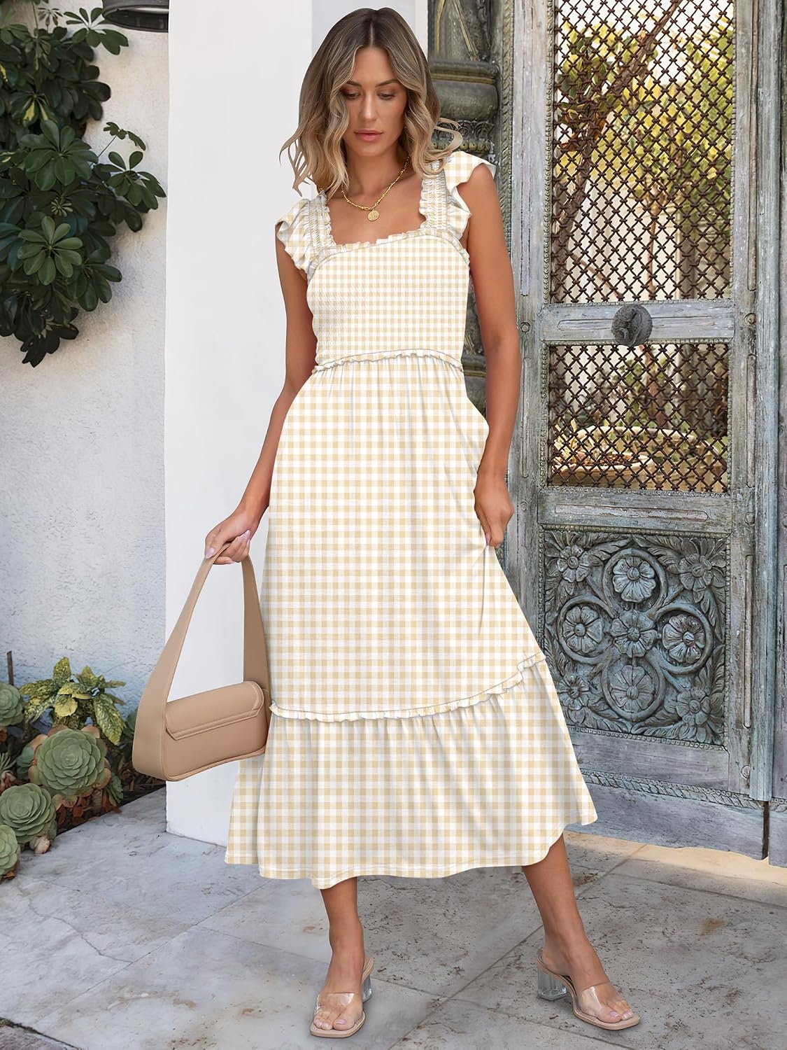 image:imageANRABESS Womens Summer Sleeveless Maxi Dress Square Neck Smocked Boho Casual Ruffle Strap Flowy ALine Long Beach SundressKhaki Plaid Beige