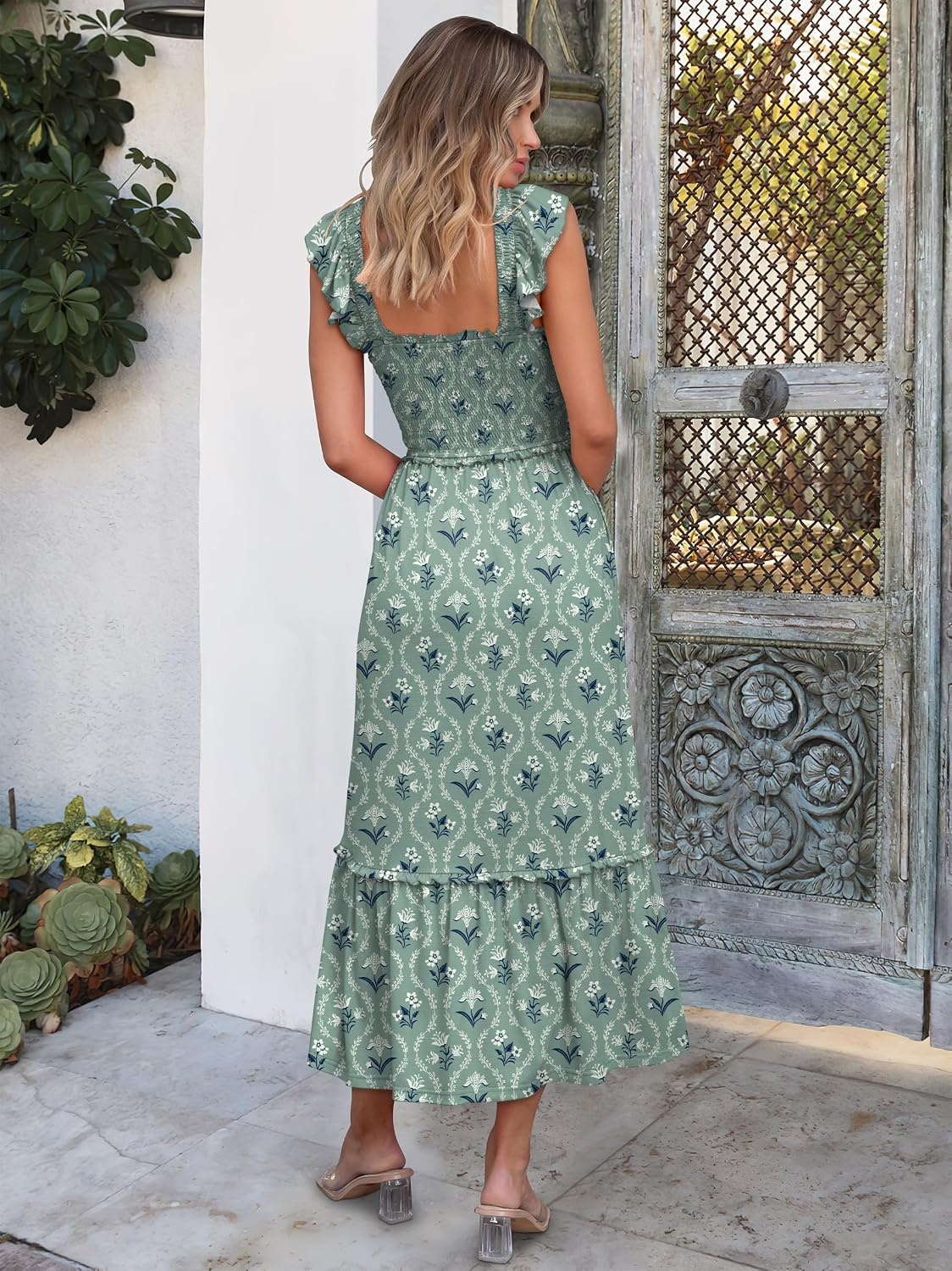 image:imageANRABESS Womens Summer Sleeveless Maxi Dress Square Neck Smocked Boho Casual Ruffle Strap Flowy ALine Long Beach SundressLight Green White Floral