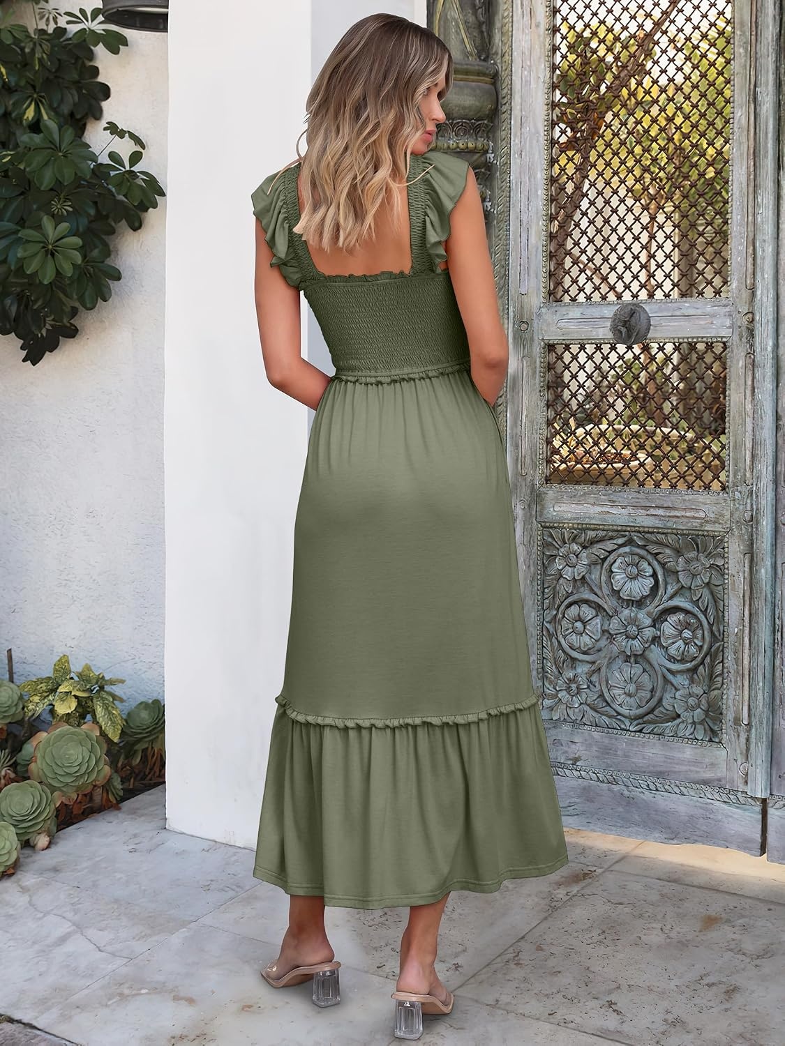 image:imageANRABESS Womens Summer Sleeveless Maxi Dress Square Neck Smocked Boho Casual Ruffle Strap Flowy ALine Long Beach SundressOlive