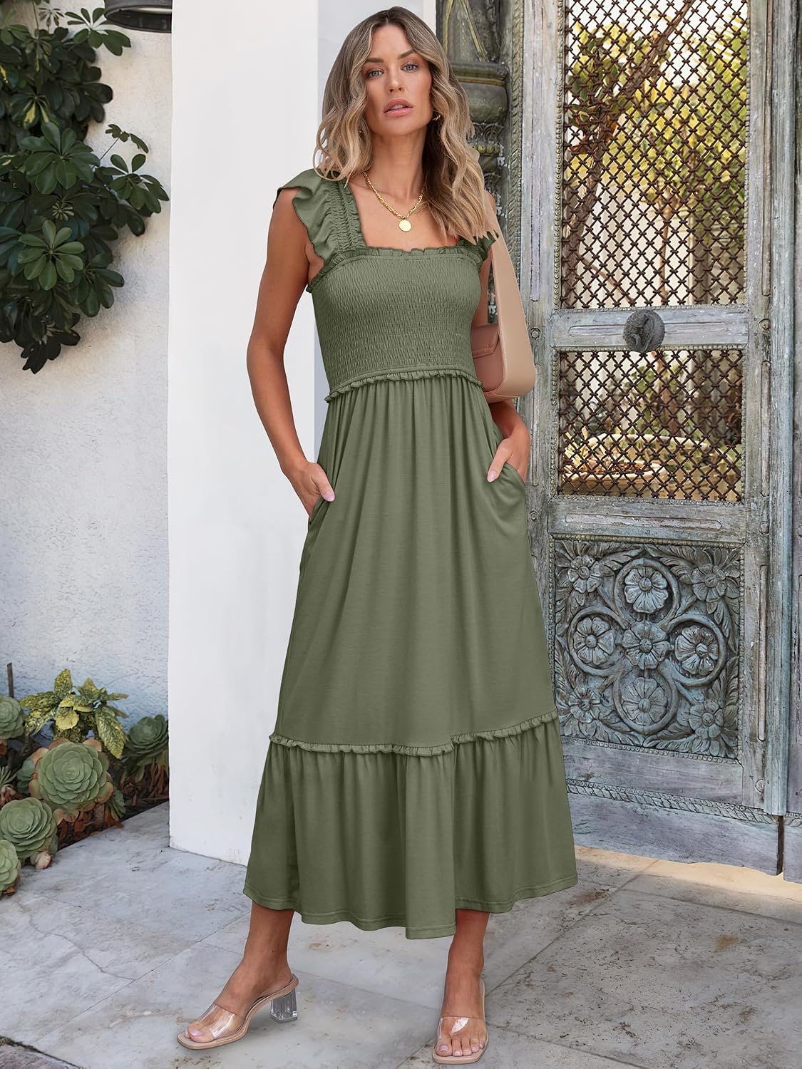 image:imageANRABESS Womens Summer Sleeveless Maxi Dress Square Neck Smocked Boho Casual Ruffle Strap Flowy ALine Long Beach SundressOlive