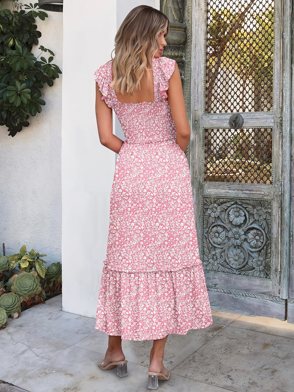 image:imageANRABESS Womens Summer Sleeveless Maxi Dress Square Neck Smocked Boho Casual Ruffle Strap Flowy ALine Long Beach SundressPrint Floral Pink