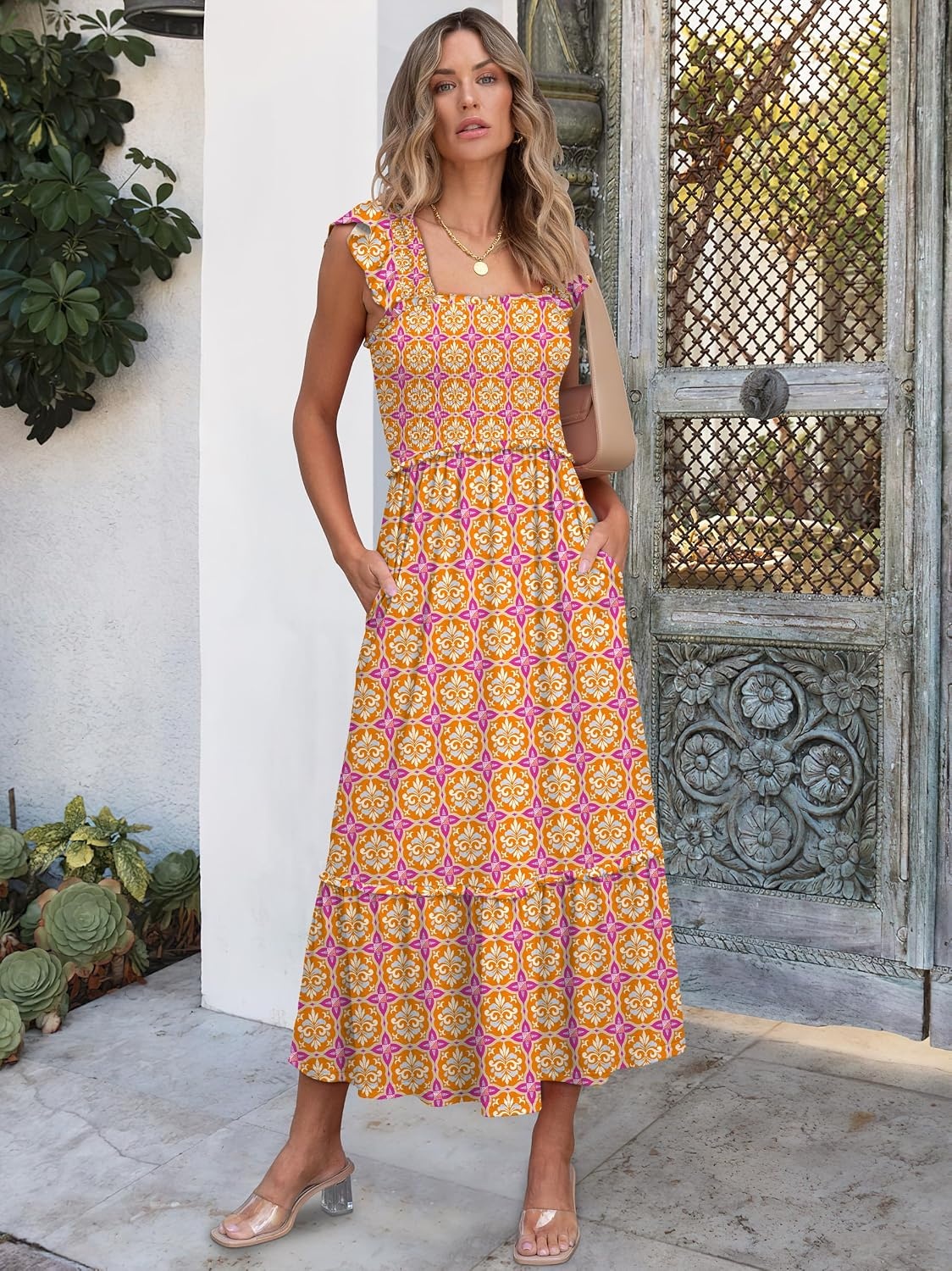 image:imageANRABESS Womens Summer Sleeveless Maxi Dress Square Neck Smocked Boho Casual Ruffle Strap Flowy ALine Long Beach SundressPrint Yellow Purple