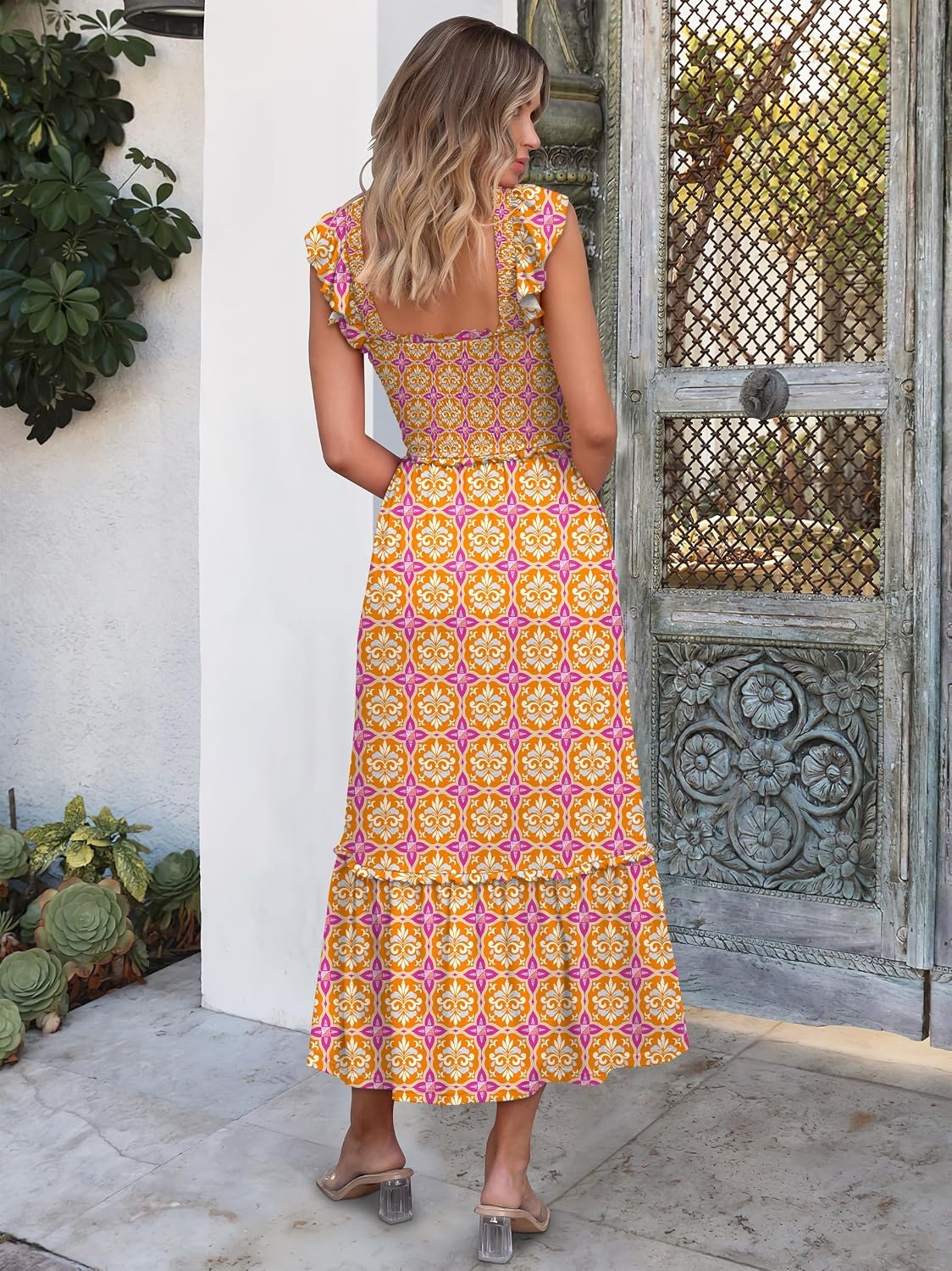 image:imageANRABESS Womens Summer Sleeveless Maxi Dress Square Neck Smocked Boho Casual Ruffle Strap Flowy ALine Long Beach SundressPrint Yellow Purple
