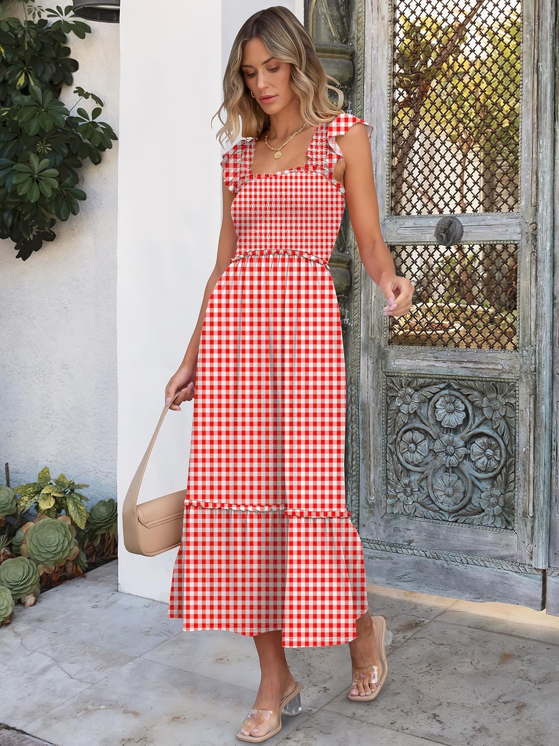 image:imageANRABESS Womens Summer Sleeveless Maxi Dress Square Neck Smocked Boho Casual Ruffle Strap Flowy ALine Long Beach SundressRed Plaid