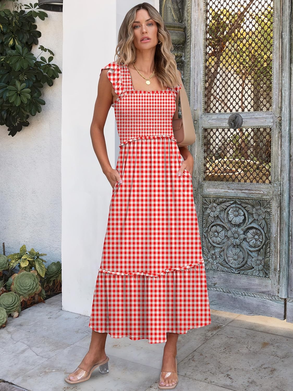 image:imageANRABESS Womens Summer Sleeveless Maxi Dress Square Neck Smocked Boho Casual Ruffle Strap Flowy ALine Long Beach SundressRed Plaid