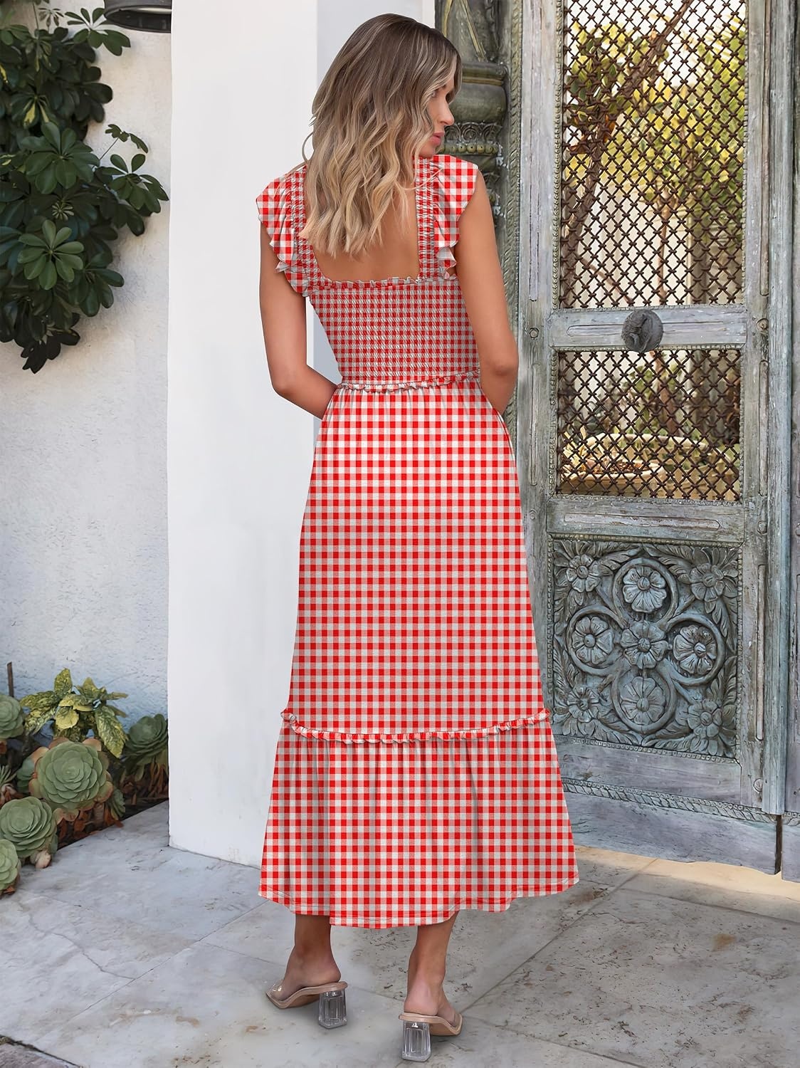 image:imageANRABESS Womens Summer Sleeveless Maxi Dress Square Neck Smocked Boho Casual Ruffle Strap Flowy ALine Long Beach SundressRed Plaid
