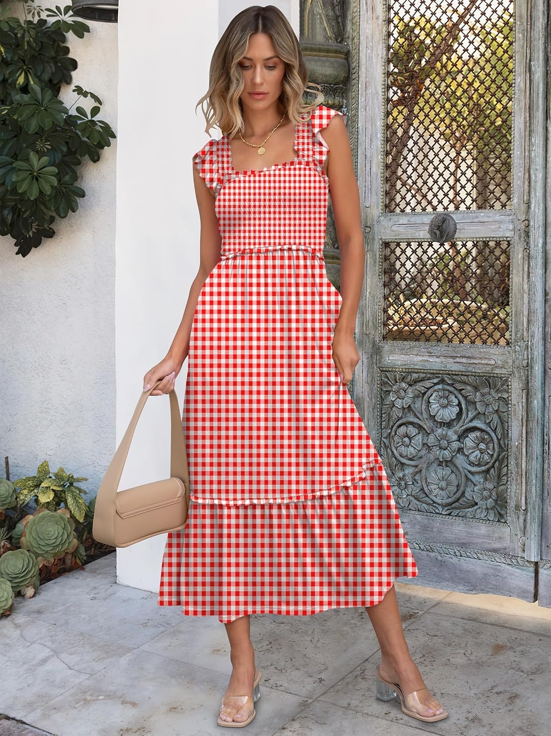 image:imageANRABESS Womens Summer Sleeveless Maxi Dress Square Neck Smocked Boho Casual Ruffle Strap Flowy ALine Long Beach SundressRed Plaid