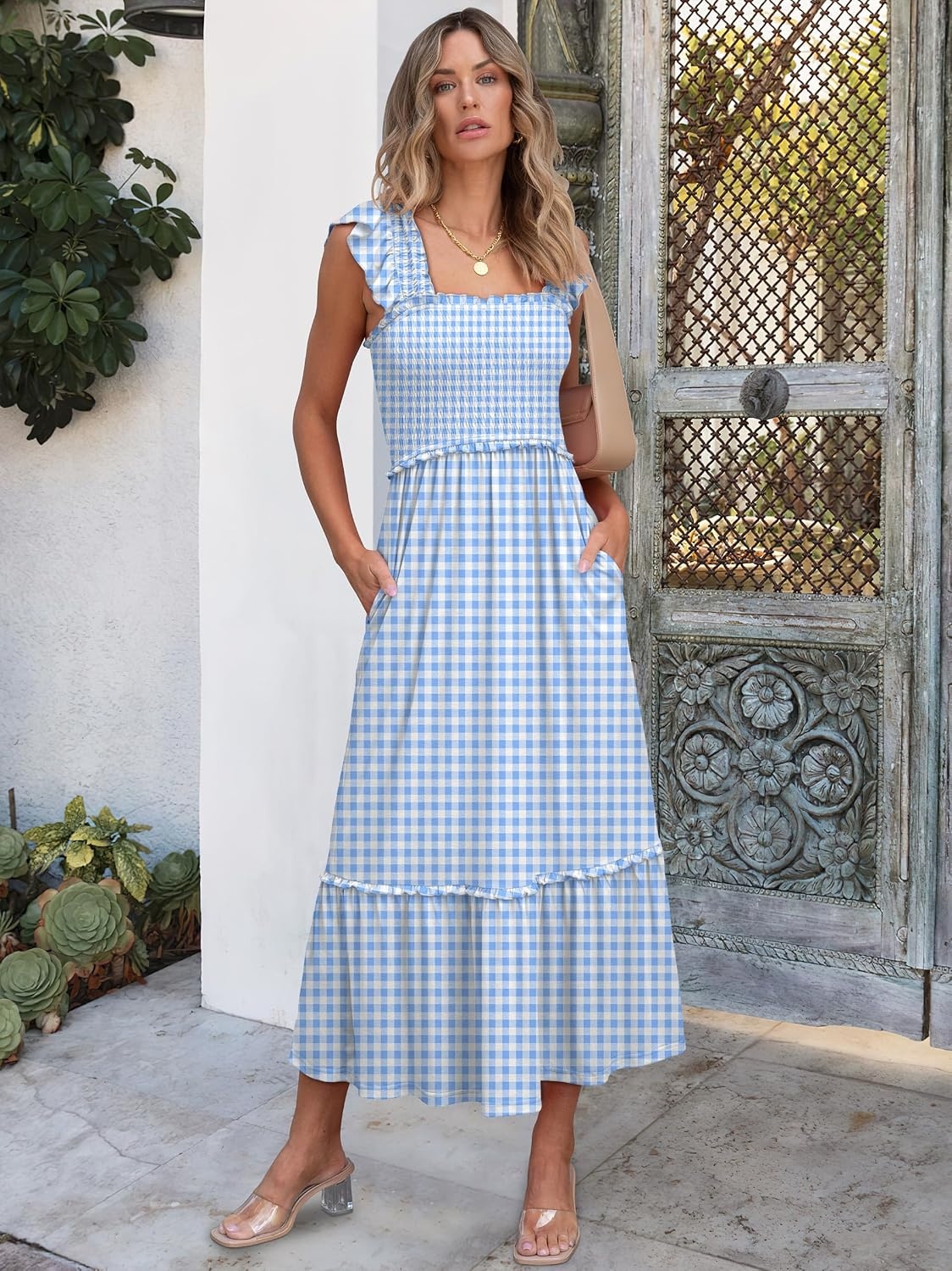 image:imageANRABESS Womens Summer Sleeveless Maxi Dress Square Neck Smocked Boho Casual Ruffle Strap Flowy ALine Long Beach SundressSky Blue Plaid