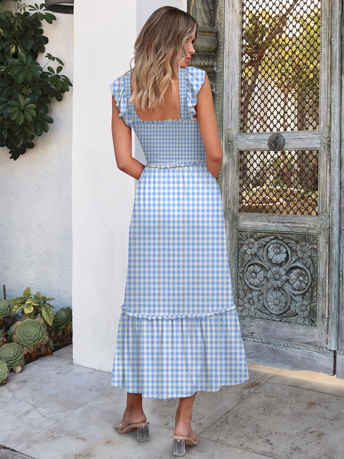 image:imageANRABESS Womens Summer Sleeveless Maxi Dress Square Neck Smocked Boho Casual Ruffle Strap Flowy ALine Long Beach SundressSky Blue Plaid