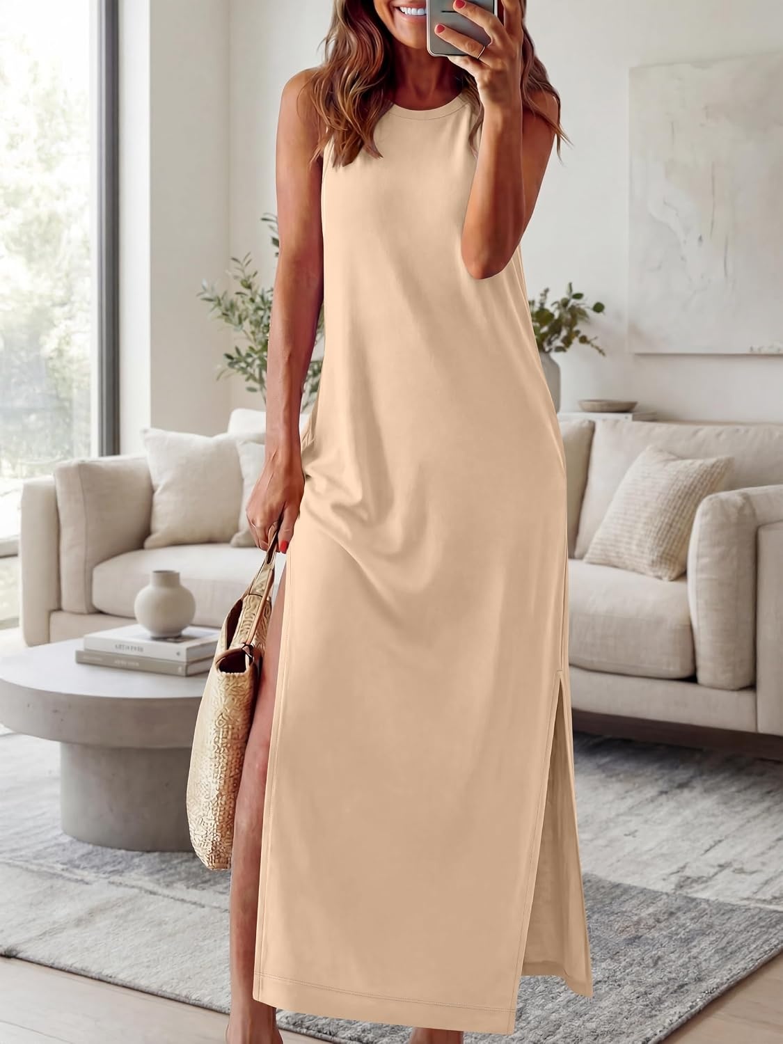 image:imageANRABESS Womens Wrinkle Free Summer Sundress Sleeveless Maxi Dress ampPocketsAlmond