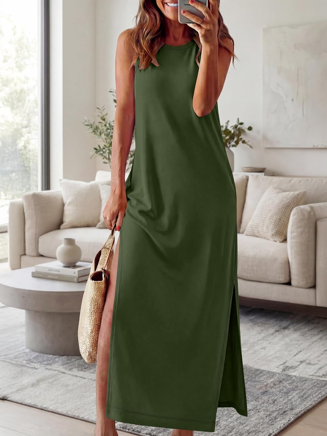 image:imageANRABESS Womens Wrinkle Free Summer Sundress Sleeveless Maxi Dress ampPocketsArmy Green