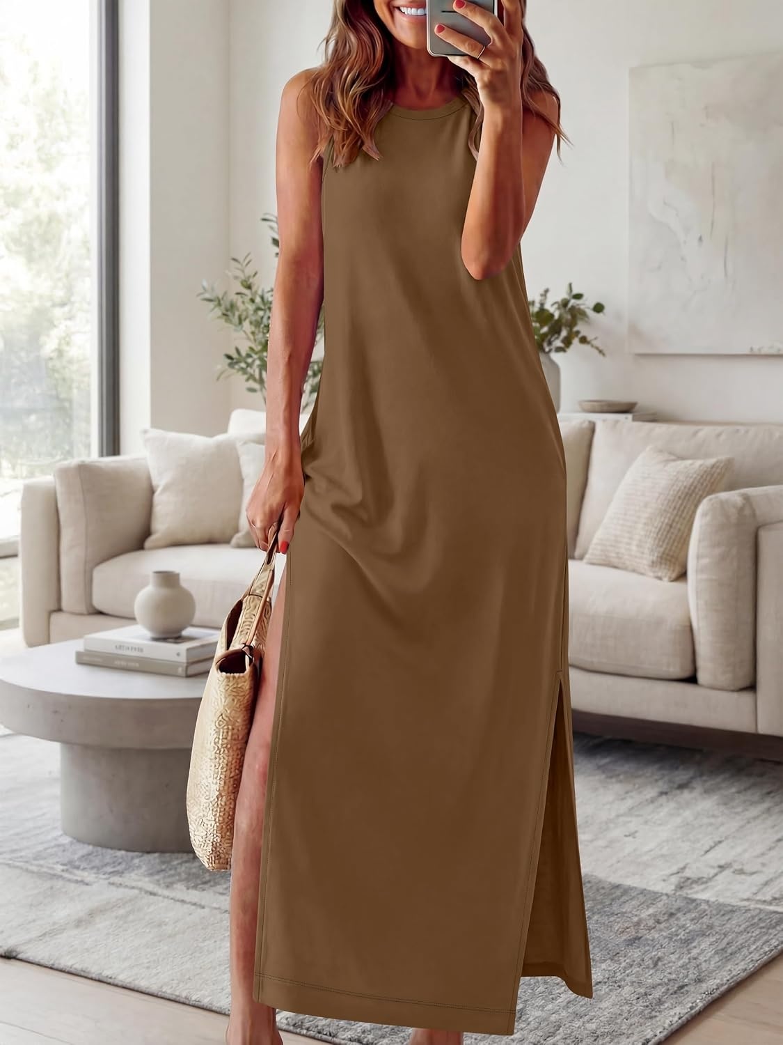 image:imageANRABESS Womens Wrinkle Free Summer Sundress Sleeveless Maxi Dress ampPocketsBrown