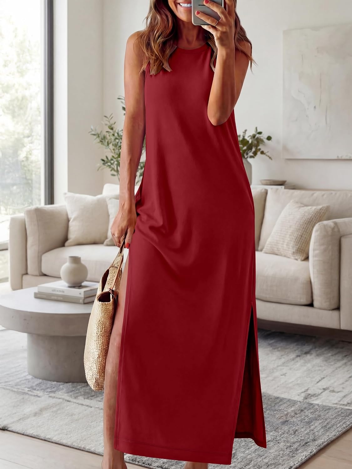 image:imageANRABESS Womens Wrinkle Free Summer Sundress Sleeveless Maxi Dress ampPocketsDark Red