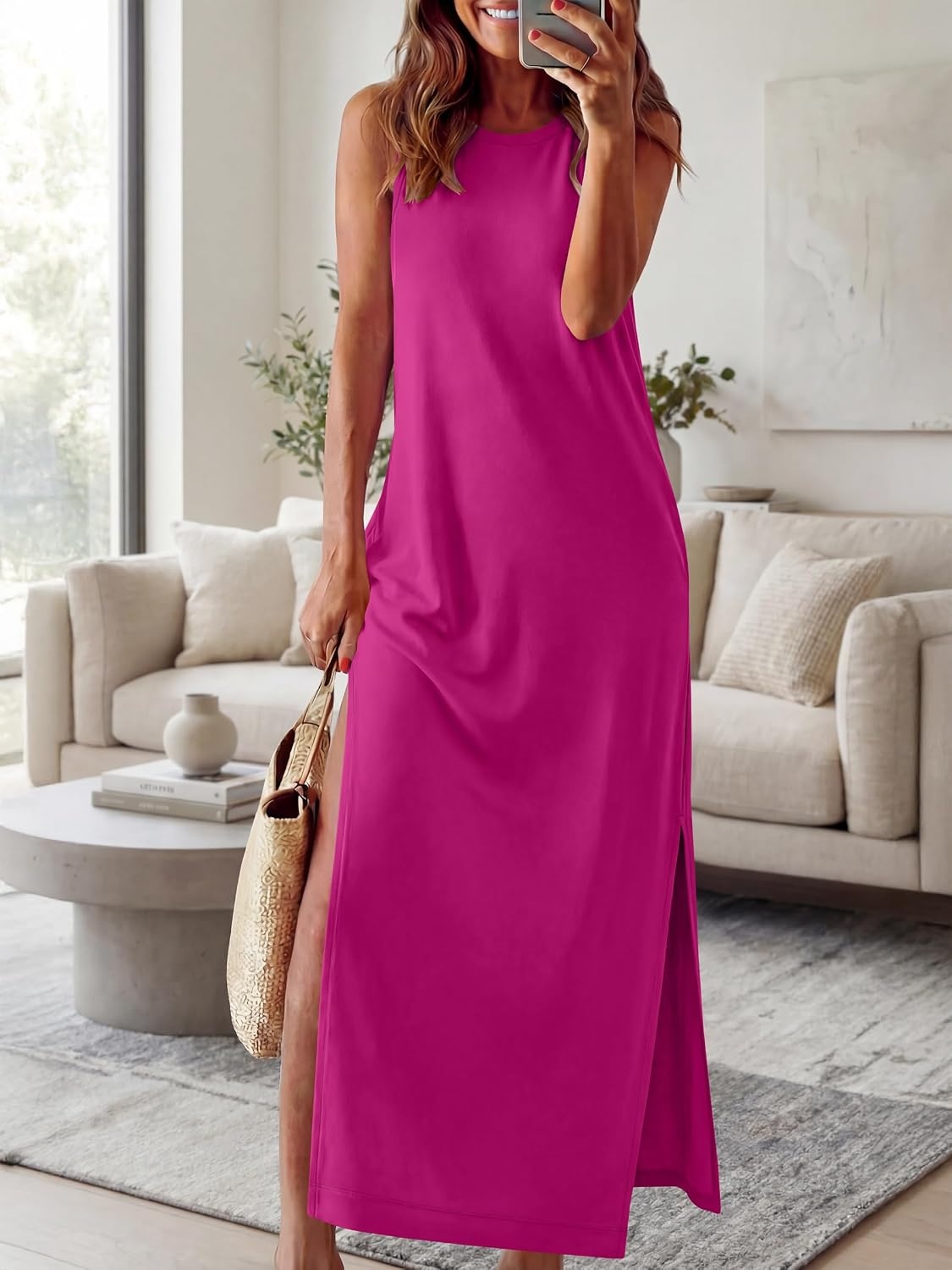 image:imageANRABESS Womens Wrinkle Free Summer Sundress Sleeveless Maxi Dress ampPocketsHot Pink