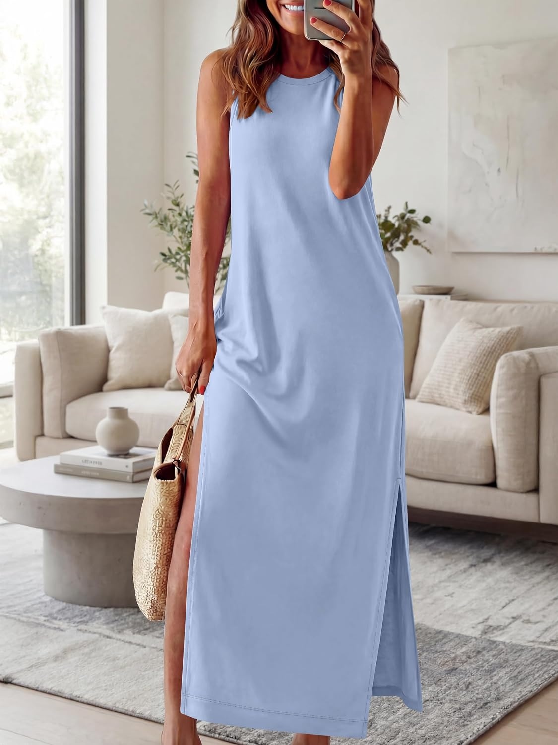 image:imageANRABESS Womens Wrinkle Free Summer Sundress Sleeveless Maxi Dress ampPocketsLight Blue