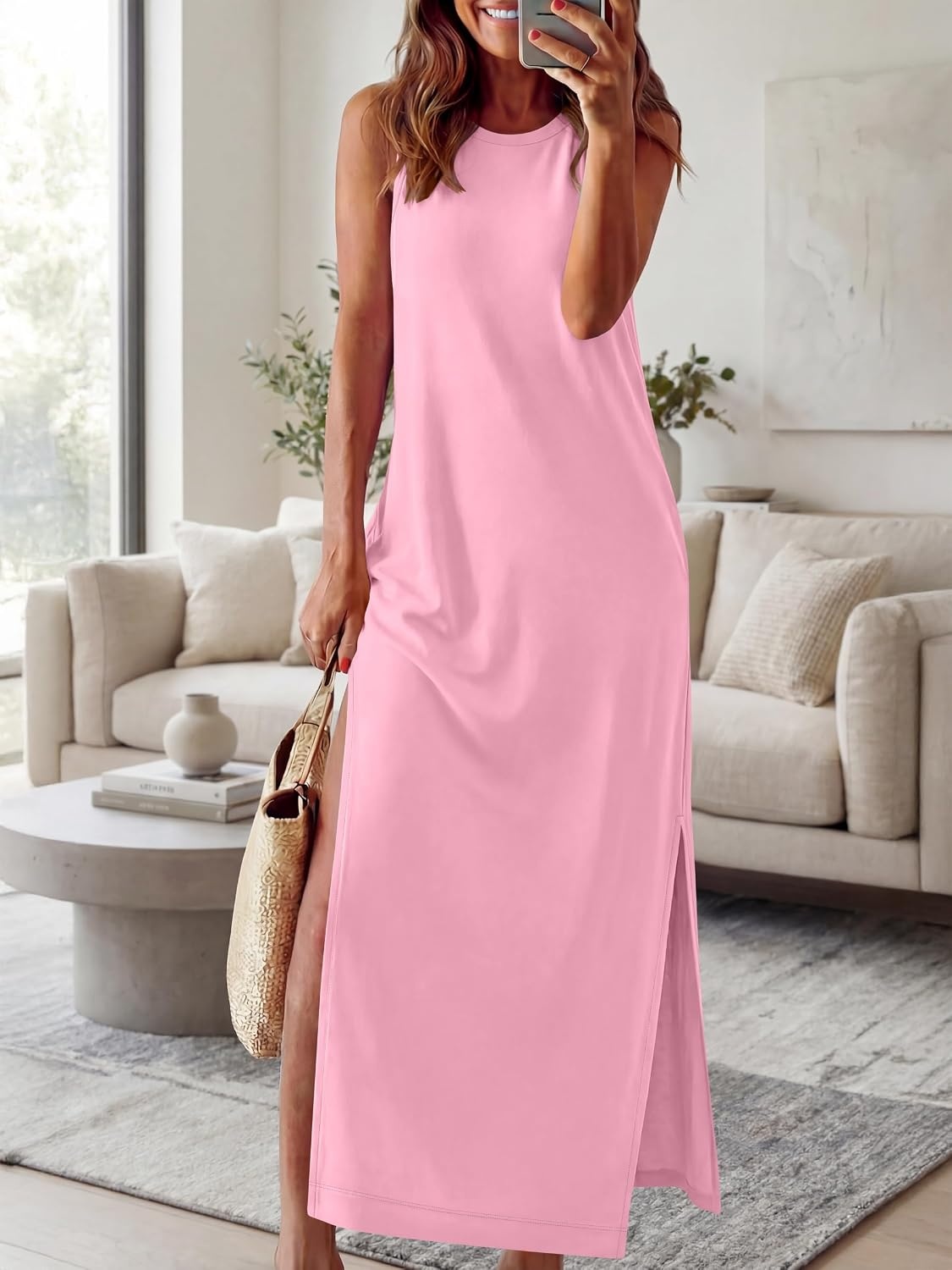 image:imageANRABESS Womens Wrinkle Free Summer Sundress Sleeveless Maxi Dress ampPocketsPink