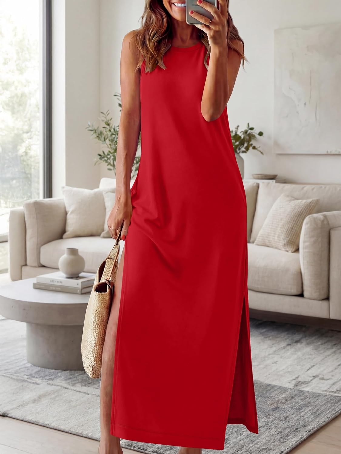 image:imageANRABESS Womens Wrinkle Free Summer Sundress Sleeveless Maxi Dress ampPocketsRed